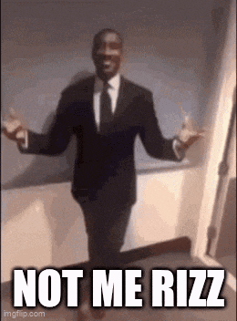 a man in a suit and tie is dancing with his arms outstretched and the words `` not me rizz '' .
