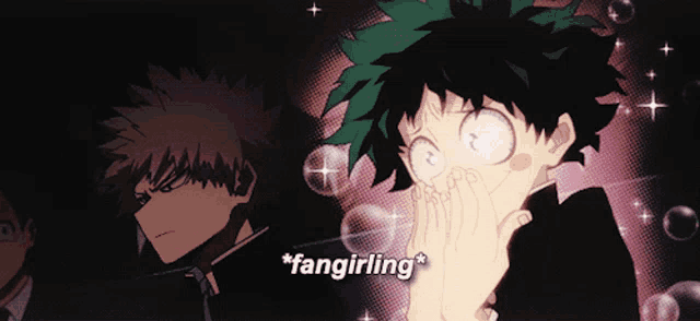 a picture of two anime characters with the words fangirling on the bottom