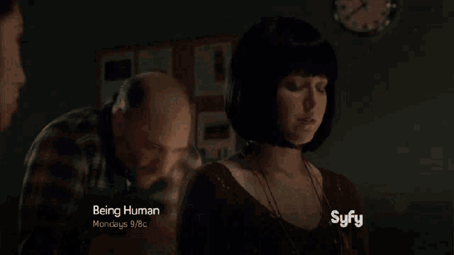 an advertisement for being human shows a man and a woman talking