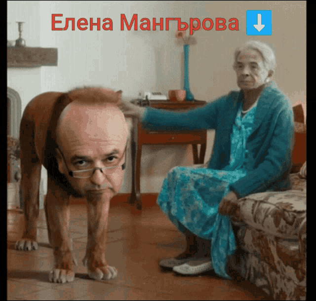 a picture of an elderly woman sitting on a couch and a dog with a man 's head on its back