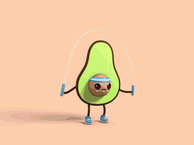 a cartoon avocado jumping a jump rope with a blue headband