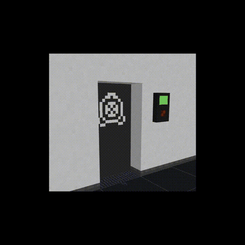 two naked minecraft characters standing in front of a door with a scp logo on it