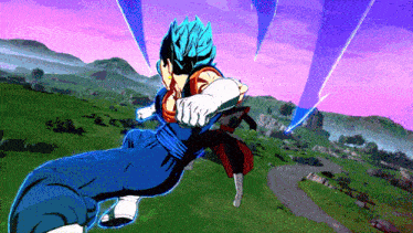 a cartoon character with blue hair is fighting another character in a field