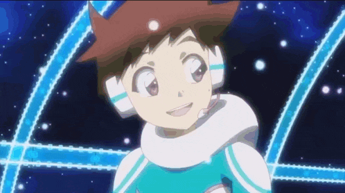 a cartoon character is smiling in front of a blue background with a lot of lights .