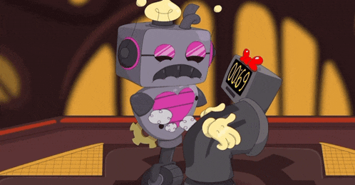 a cartoon drawing of a robot with a clock on its head that says 0069