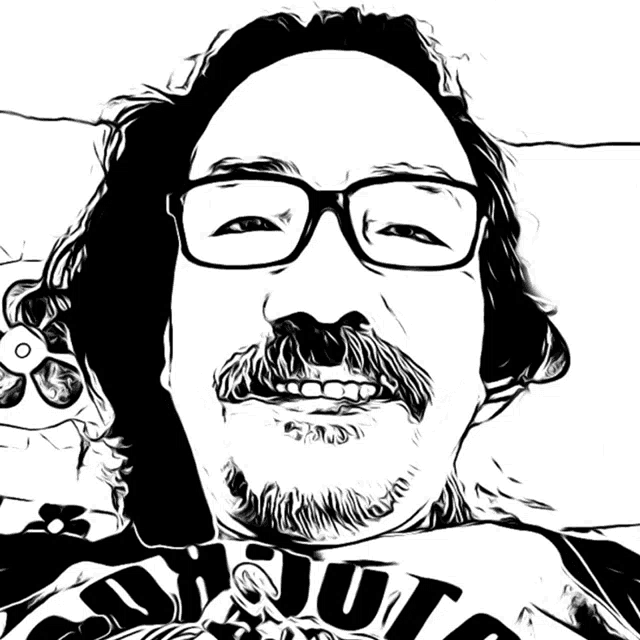 a black and white drawing of a man with glasses
