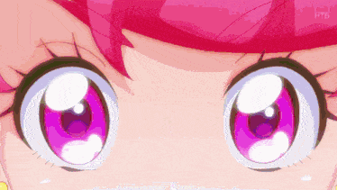 a close up of a pink anime character 's eyes with htb written on the bottom