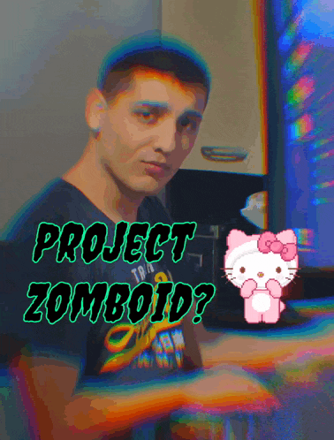 a man is sitting in front of a hello kitty with the words project zombodid written above him
