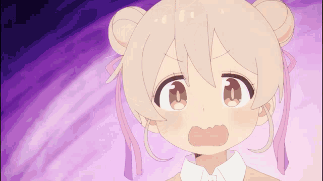 a close up of a cartoon character with a purple background and the letter v on her face
