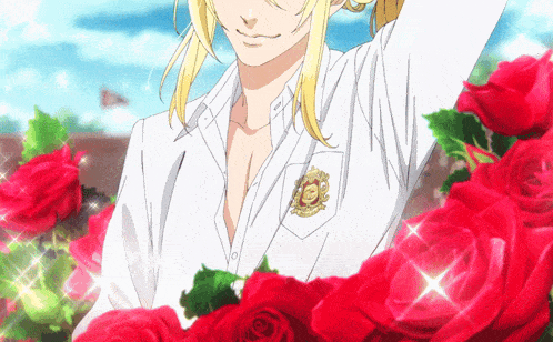 a man in a white shirt is surrounded by red roses and has a badge that says 100 on it