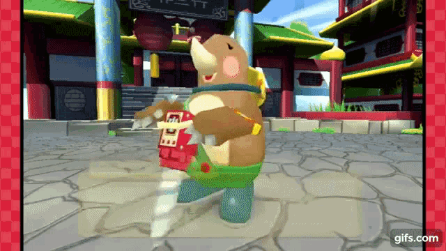a cartoon character is dancing in front of a building with a sign that says ' gifs.com ' on the bottom
