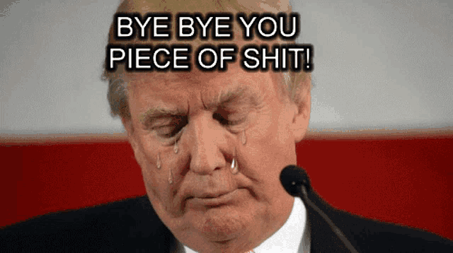 a picture of donald trump crying with the words bye bye you piece of shit below him