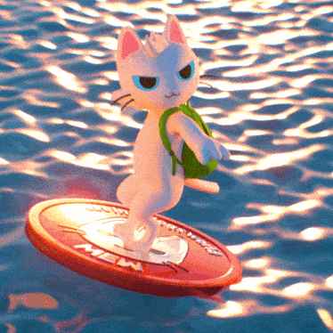a cartoon cat is standing on a red coin that says mew