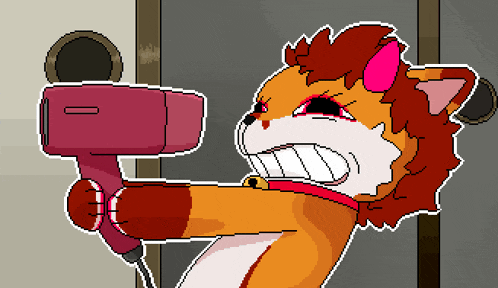 a pixel art drawing of a lion holding a hair dryer