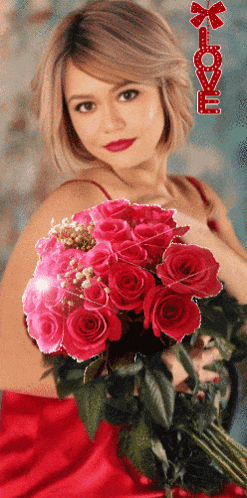a woman in a red dress is holding a bouquet of pink roses and the word love is above her