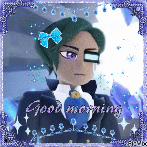 a picture of a boy with a bow in his hair and the words " good morning " on the bottom