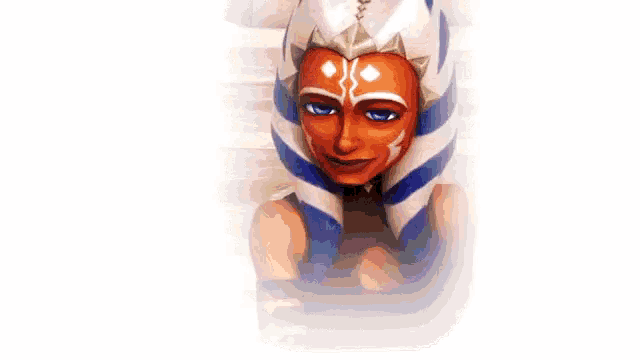 a close up of a cartoon character 's face with a blue and white headband .