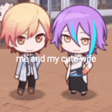 a couple of anime characters standing next to each other with the words me and my cute wife written on the bottom .