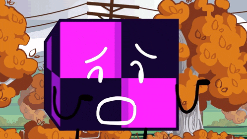 a cartoon of a purple and black cube with a sad face