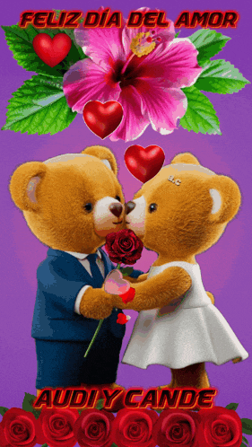 a couple of teddy bears kissing on a purple background with the words feliz dia del amor audiy cande