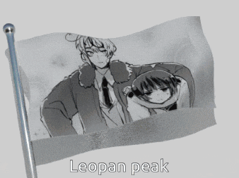 a flag with a picture of a man and a girl and the words leopan peak on the bottom