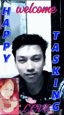 a picture of a man and a woman with the words welcome happy tasking on it