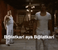 two men standing in a room with the words b @ latkari aya b @ latkari written on the bottom