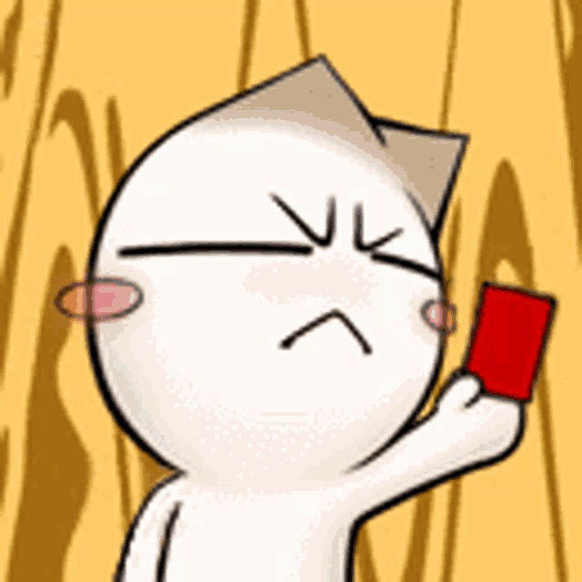 a cartoon character is holding a red card and making a face