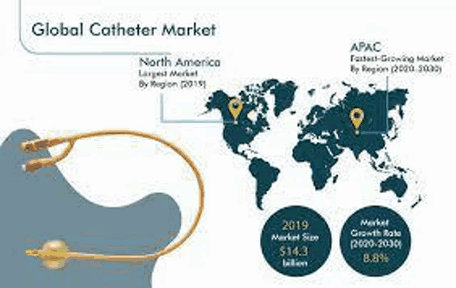 a global catheter market with a map of the world and a catheter .