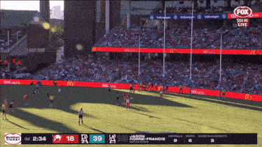 a fox broadcast of a soccer game with a score of 39 to 18
