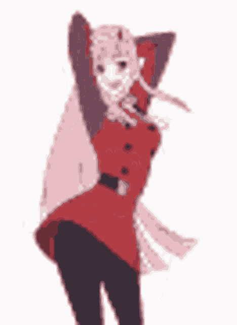 a pixel art of a girl dancing with her arms in the air .