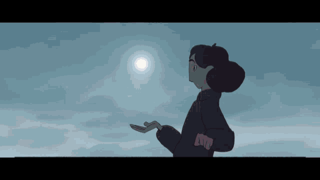 a cartoon drawing of a woman holding a moon in her hand