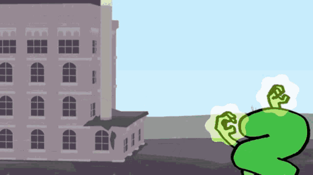 a cartoon frog is standing in front of a large building