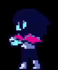 a pixel art of a person with a scarf around their neck standing in the dark .