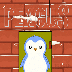 a picture of a penguin hanging on a brick wall with the word penguins above it