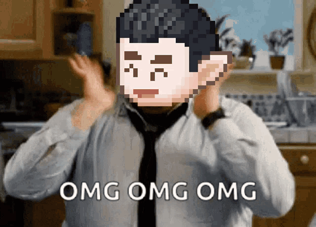 a pixelated image of a man with the words omg omg omg behind him