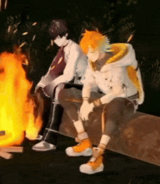 two anime characters are sitting next to each other near a fire .
