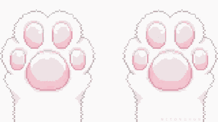 a pixel art of a cat paw with pink bubbles on it