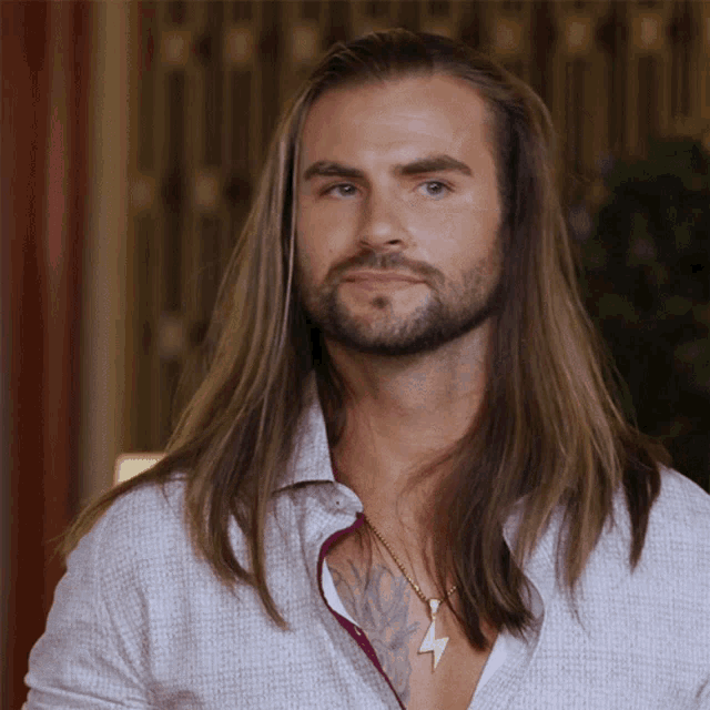 a man with long hair and a beard has a lightning bolt necklace around his neck