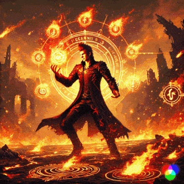 a man in a black coat stands in front of a circle of fire with the letters ggennii written on it