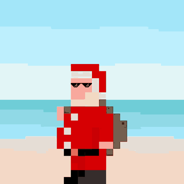 pixel art of santa claus standing on the beach