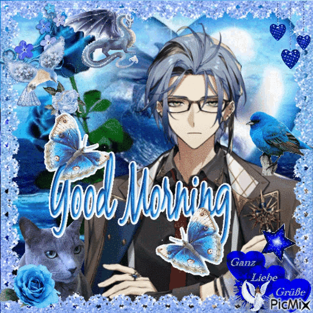a picture of a man surrounded by butterflies and flowers with the words good morning