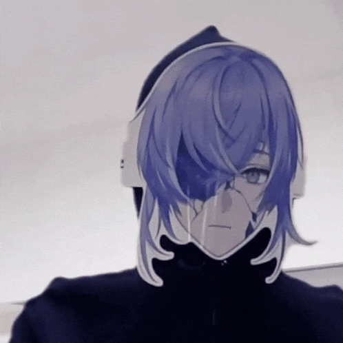 a person with purple hair is wearing a mask on their face