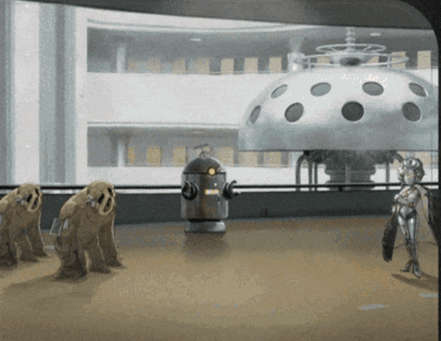 a group of robots are standing in front of a dome that says ' s.p.a.b.e. '
