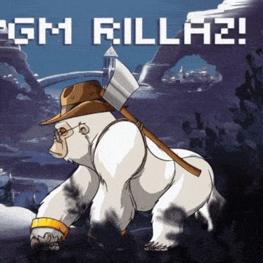 a cartoon gorilla with an axe on its back and the words " gm rillaz " below it