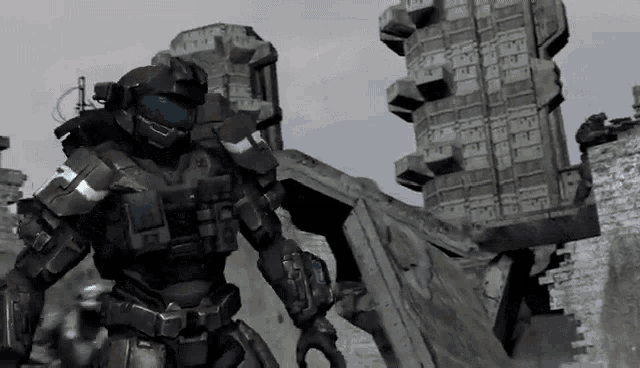 a soldier with a helmet that says ' a ' on it is standing in front of a building