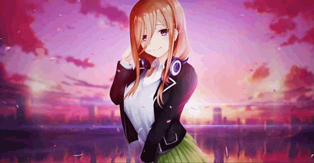a girl wearing headphones and a jacket stands in front of a sunset