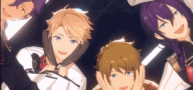 a group of anime characters posing for a picture with their hands on their faces