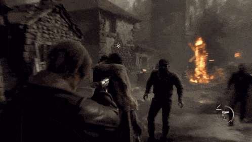 a video game is being played with a man standing in front of a burning building