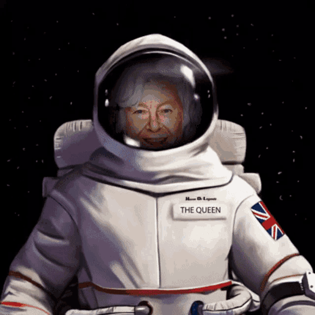 a woman in a space suit has a name tag that says the queen on it